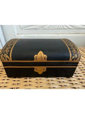 Vintage 60s Swank Mens Jewelry Box Leather Style Chest Gold Painted Trim